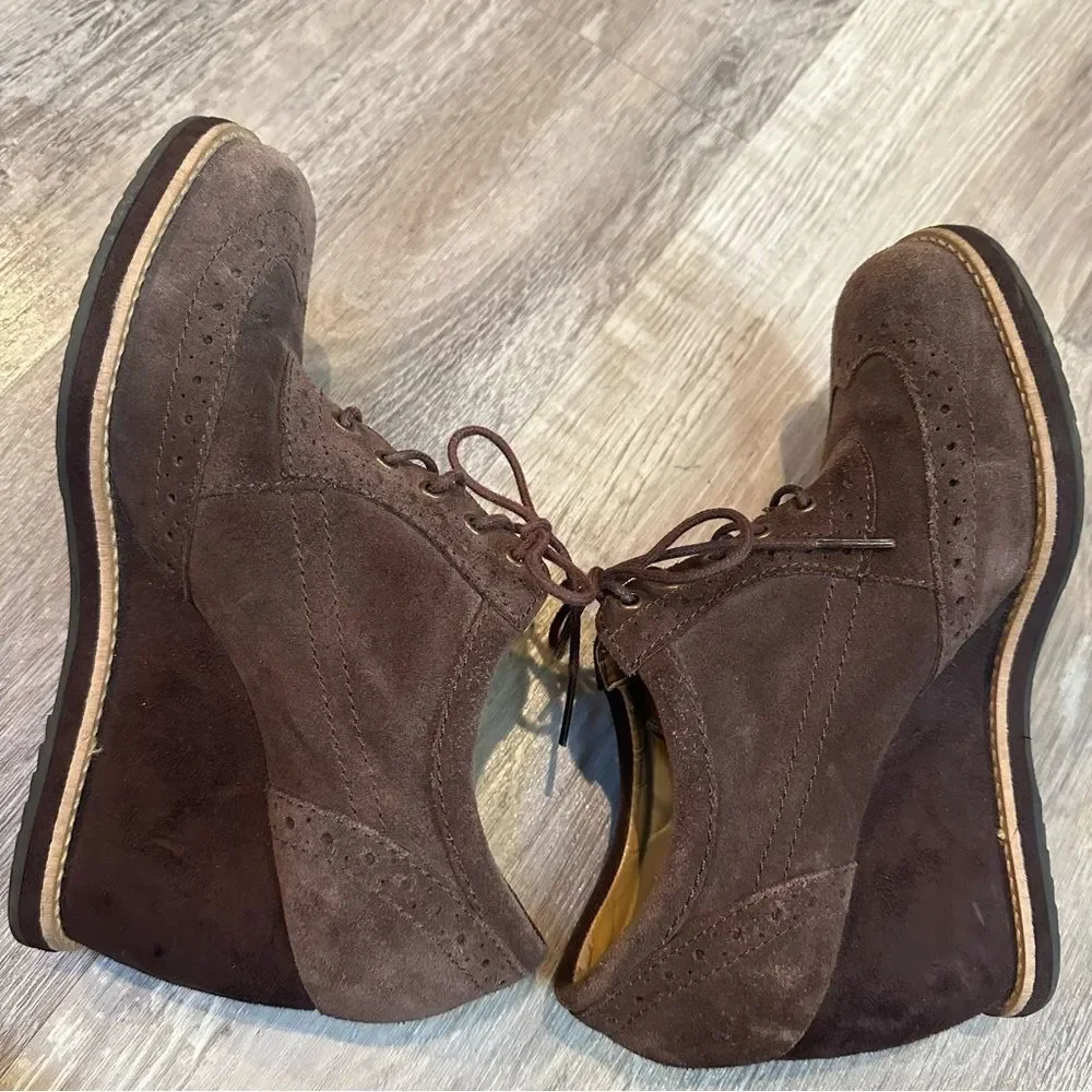 DR. SCHOLLS Bootie Women 7.5 Apex Wedge Ankle Lace Up Brown Leather‎ Suede